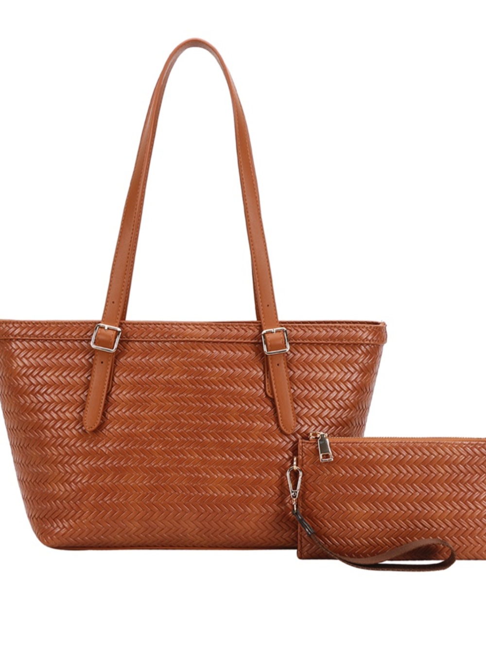 Classic Woven Tote Bag in Cognac Brown 2 in 1